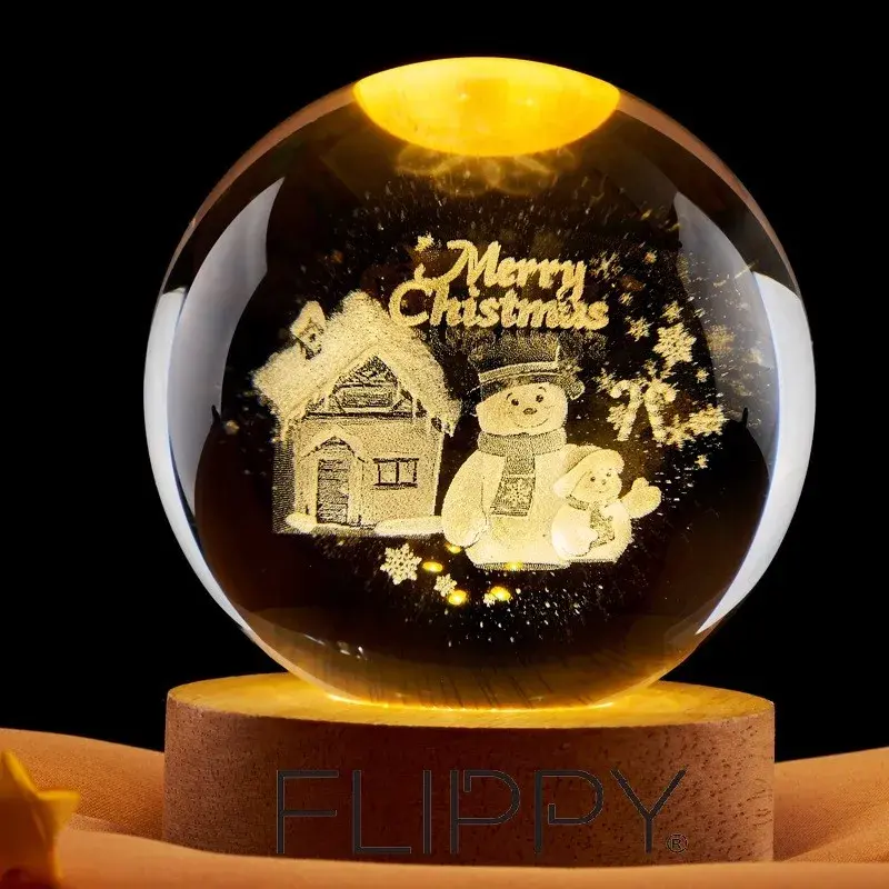 Lampa LED Decorativa, cu Bila de Cristal cu Diametru 6cm, Model Merry Christmas 3D, Alimentare USB, Suport din Lemn, Lumina Alb Cald (2)