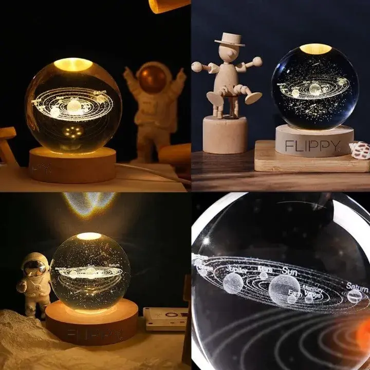 Lampa LED Decorativa, cu Bila de Cristal cu Diametru 6cm, Model Sistemul Solar 3D, Alimentare USB, Suport din Lemn, Lumina Alb Cald (2)