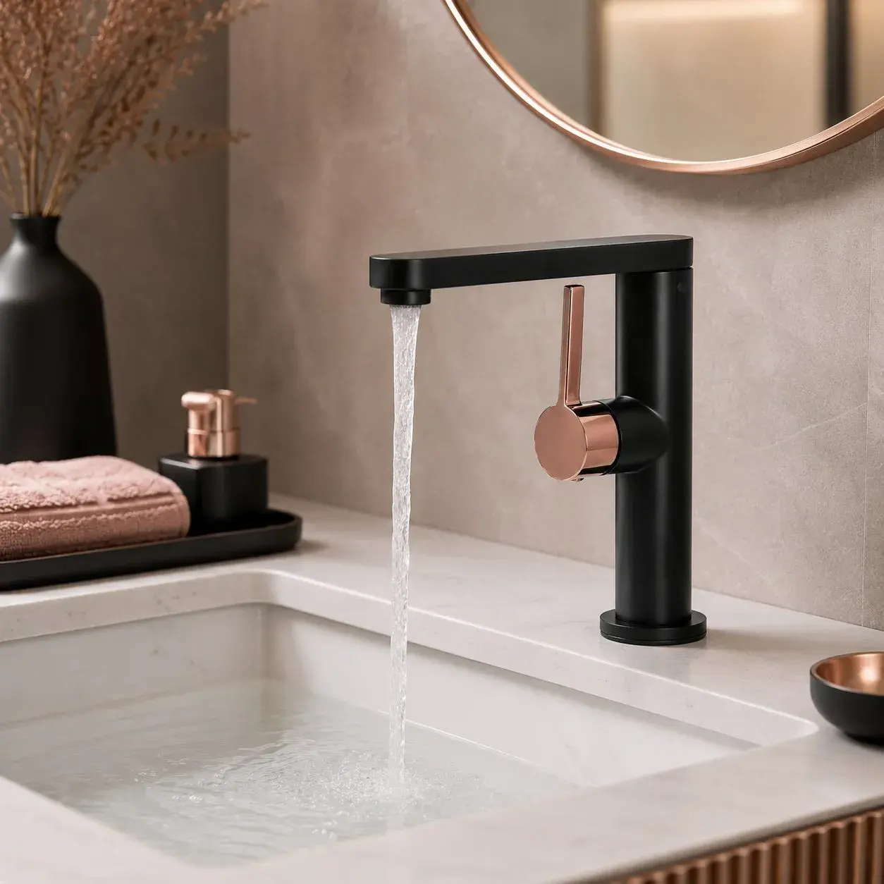 Baterie Lavoar HASSO 9107H/M, Alama Sanitara, Monocomanda, Cartus Ceramic 40 mm, Negru Mat/Rose Gold (3)