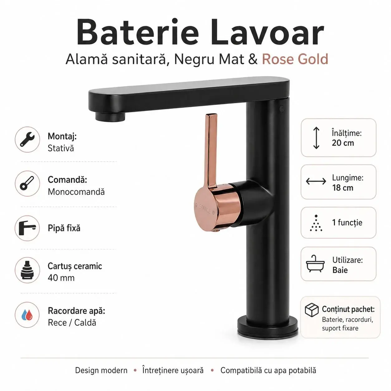 Baterie Lavoar HASSO 9107H/M, Alama Sanitara, Monocomanda, Cartus Ceramic 40 mm, Negru Mat/Rose Gold (5)