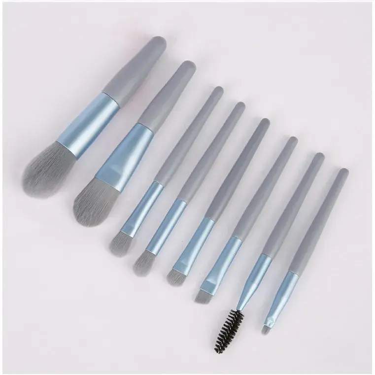 Mini Set Profesional 8 Pensule de Machiaj, cu Peri Moi și Densi, pentru Fond de Ten, Pudră, Blush, Fard și Sprâncene, Albastru/Gri (3)