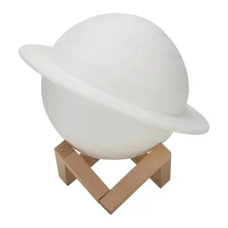 Lampa de veghe in forma de Saturn 3D Saturn Light, alimentare baterii, stand plastic inclus, 15 cm, Alb Cald