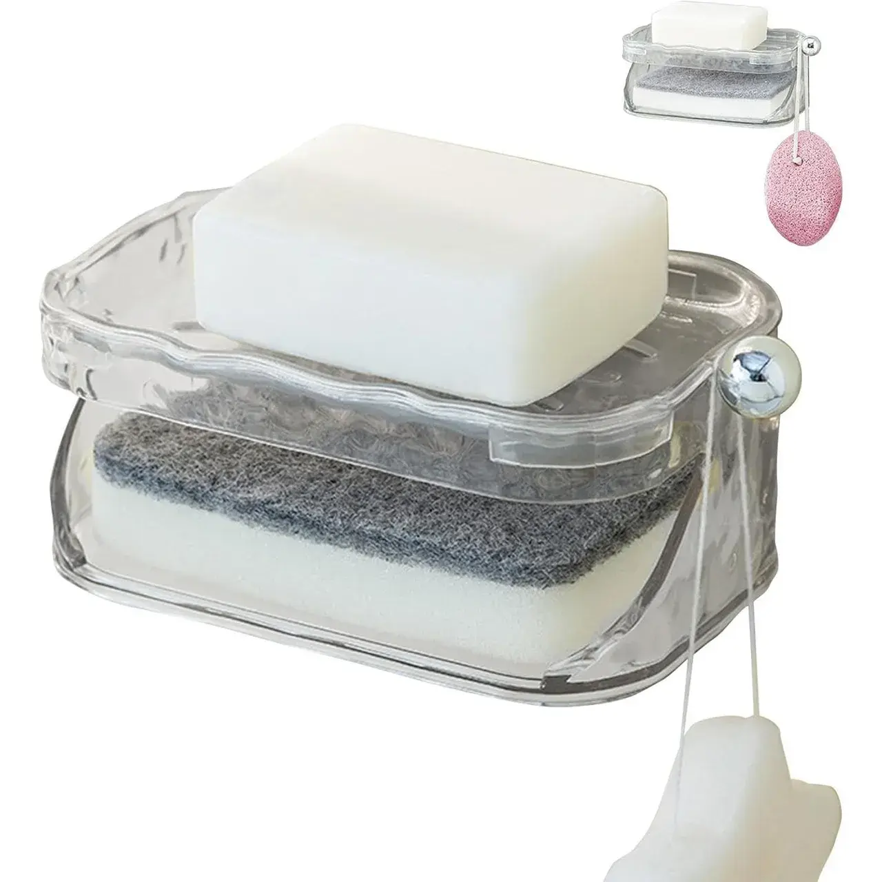 Savoniera Dubla EasyDry, 2 Straturi, cu Suport pentru Burete, Montare Fara Gaurire, 13.5 x 8.5 x 6 cm, Transparent (2)