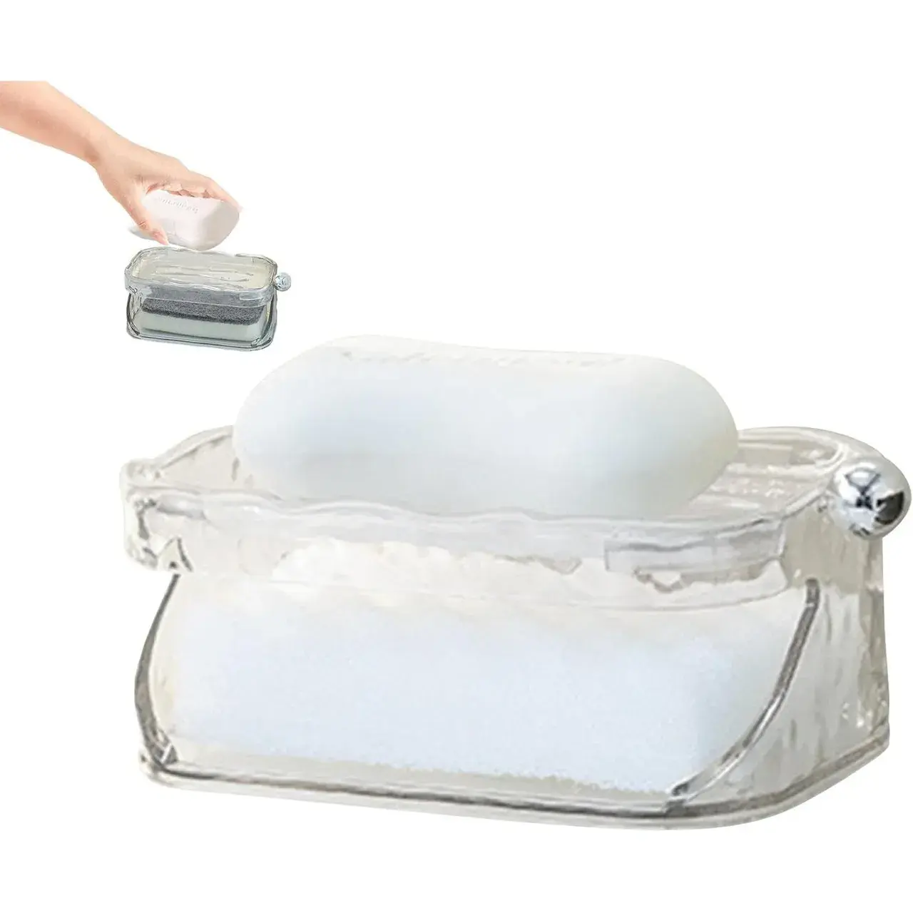 Savoniera Dubla EasyDry, 2 Straturi, cu Suport pentru Burete, Montare Fara Gaurire, 13.5 x 8.5 x 6 cm, Transparent (4)