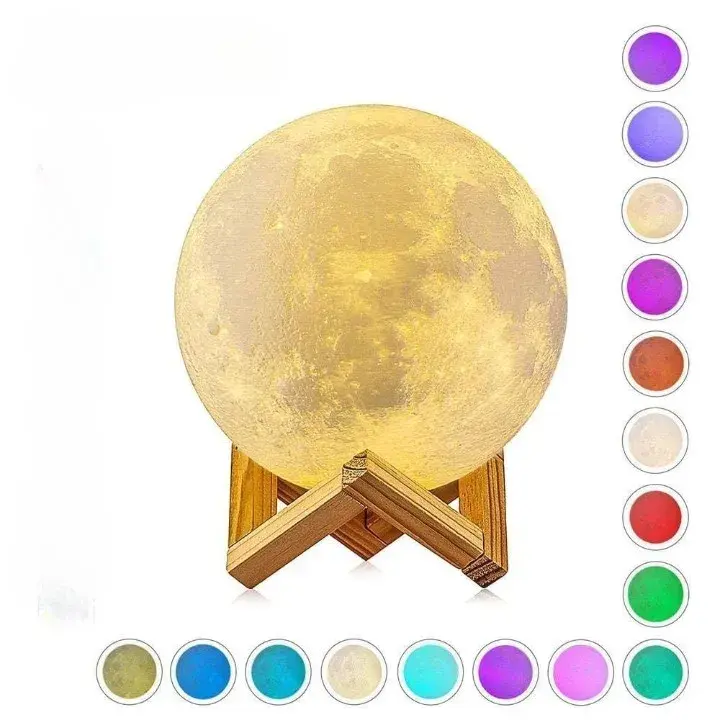 Lampa de veghe in forma de luna 3D Moon Light Multicolor, alimentare baterii, stand plastic inclus, 8 cm