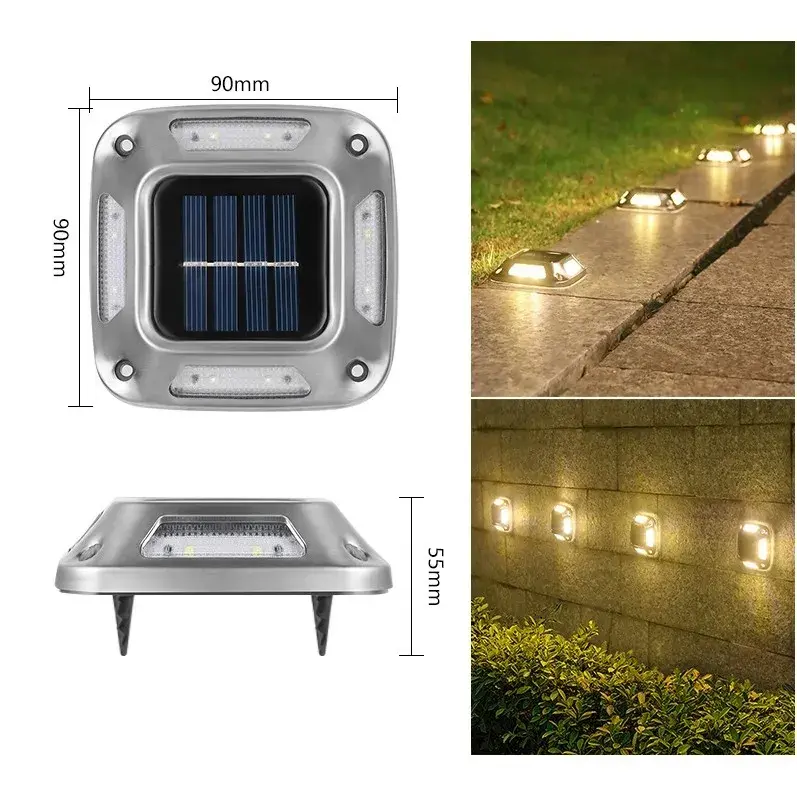 Lampa solara LED pentru gradina, Set 4 Bucati, 8 LED-uri, Prindere de Perete / Impamantare, IP65, forma patrat, ABS si Policarbonat, 9 x 9 cm, baterie 1.2V, 600 mah, Alb Cald, Gri (6)