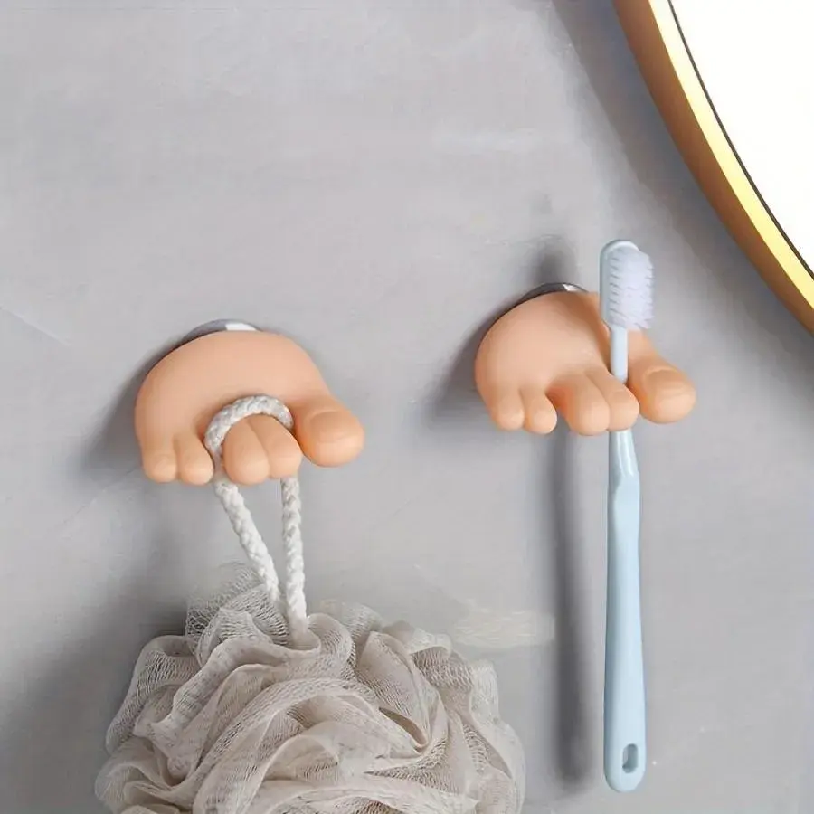 Suport de Baie, Multifunctional, pentru Periute/Cabluri, din PVC, cu Ventuza, Model Picior, 4 x 6.5 cm, Crem (2)