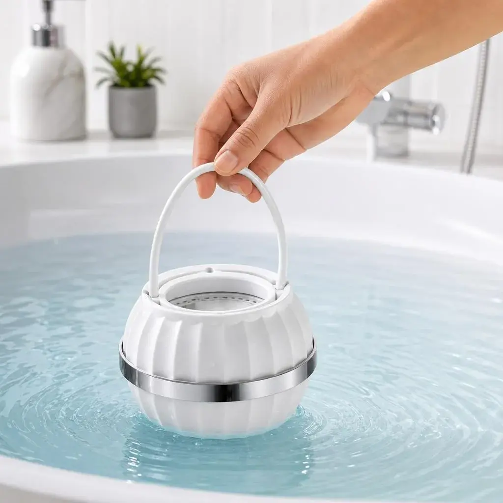 Filtru Purificator pentru Apa de Baie, Forma Sferica, Maner pentru Agatare, Banda Decorativa Argintie, Uz Casnic, Alb (2)