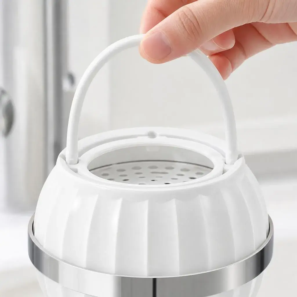 Filtru Purificator pentru Apa de Baie, Forma Sferica, Maner pentru Agatare, Banda Decorativa Argintie, Uz Casnic, Alb (3)