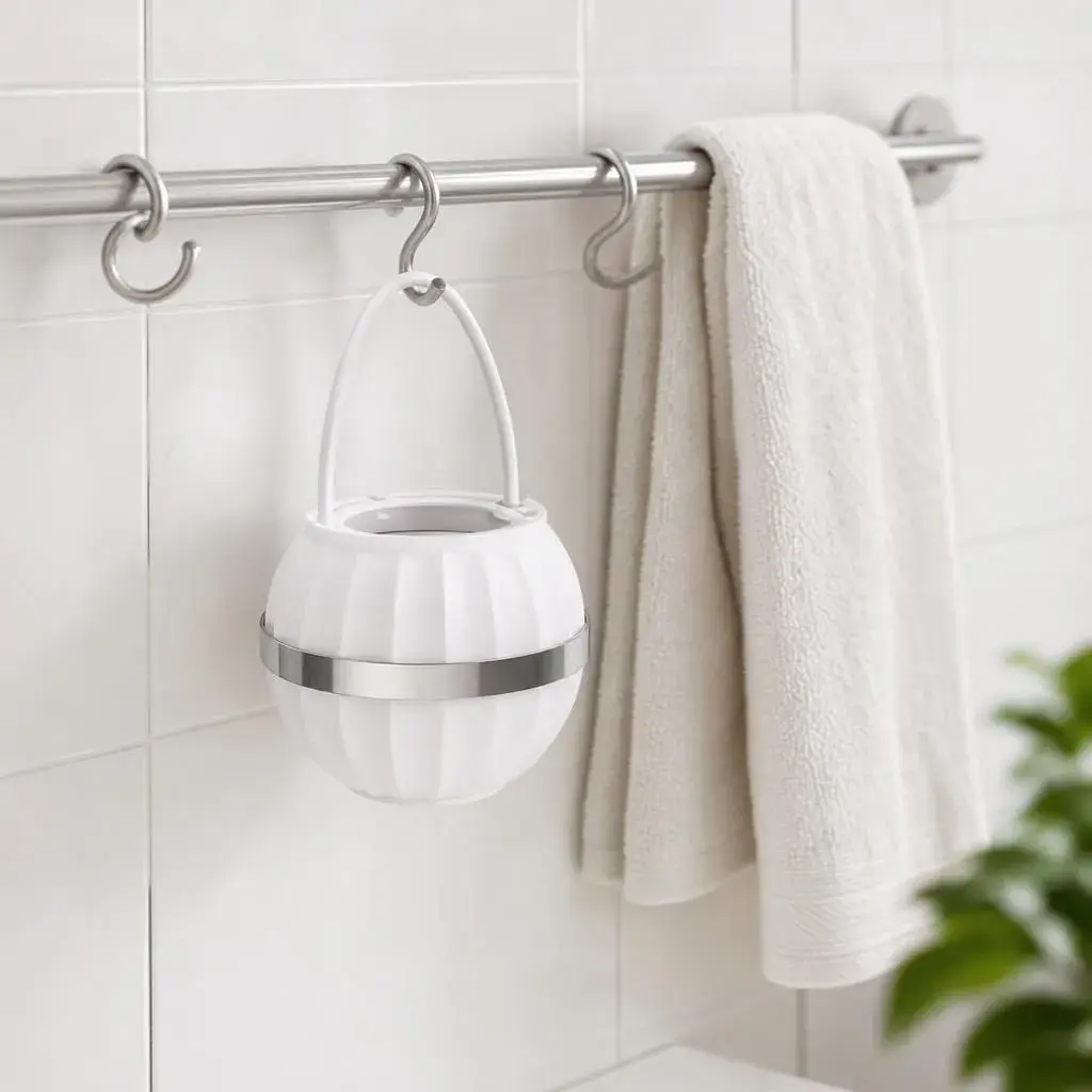 Filtru Purificator pentru Apa de Baie, Forma Sferica, Maner pentru Agatare, Banda Decorativa Argintie, Uz Casnic, Alb (4)