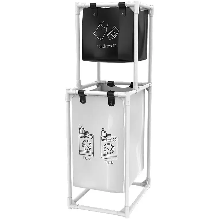 Cos de Rufe, cu 2 Etaje, 2 Cosuri, Cadru de Otel Inoxidabil, 97x44x31 cm, Alb (5)