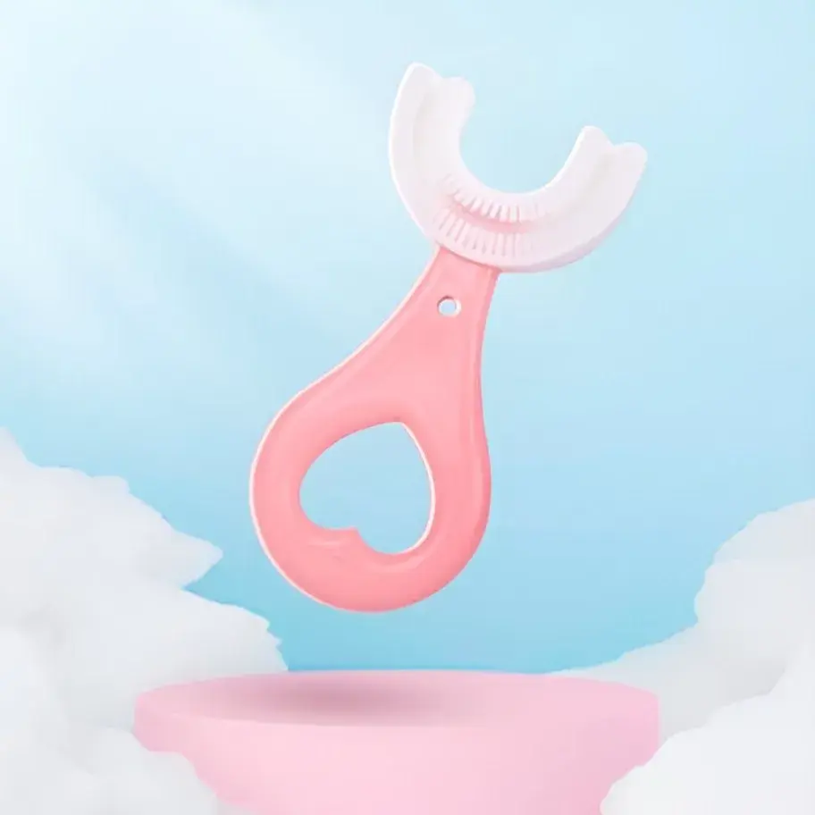 Periuta de Dinti in Forma de U, pentru Sugari si Copii 2-6 ani, Peri Moi, 9 cm, Model Inima, Culoare Roz (2)