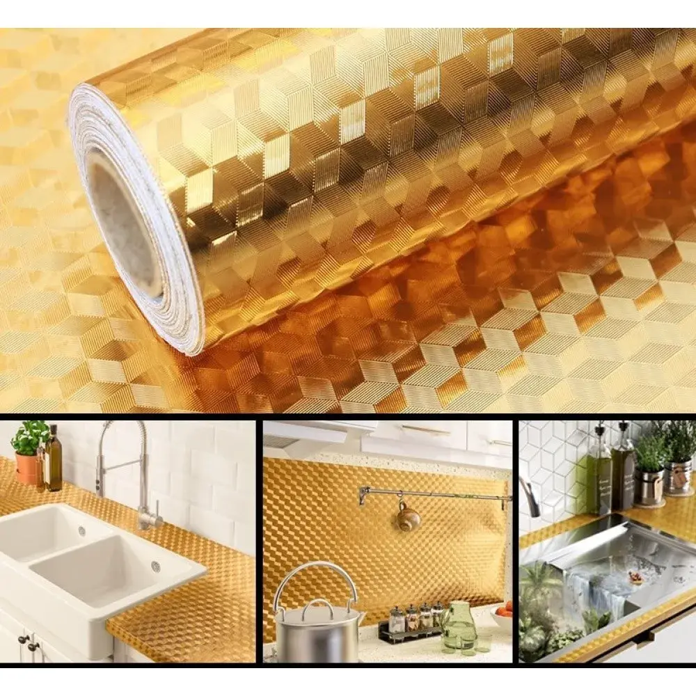 Autocolant de Bucatarie, Autoadeziv, Impermeabil, Rezistent la Temperaturi Ridicate, din PVC, 60 x 100 cm, Model Cub 3D, Auriu (3)
