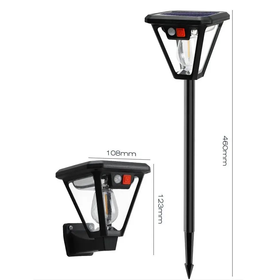 Lampa Solara LED, Tip Felinar, pentru Perete/Sol, 10.8 x 12.3 x 46 cm, 3 Moduri, Lumina Calda, din ABS si PP, Negru (3)