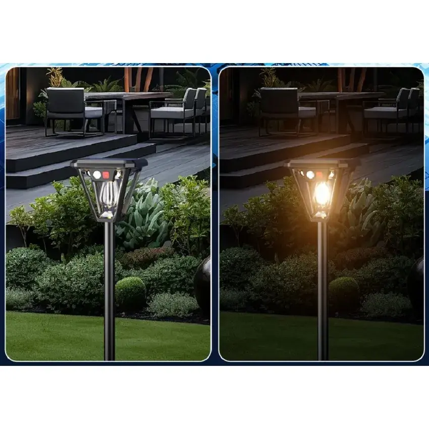 Lampa Solara LED, Tip Felinar, pentru Perete/Sol, 10.8 x 12.3 x 46 cm, 3 Moduri, Lumina Calda, din ABS si PP, Negru (5)