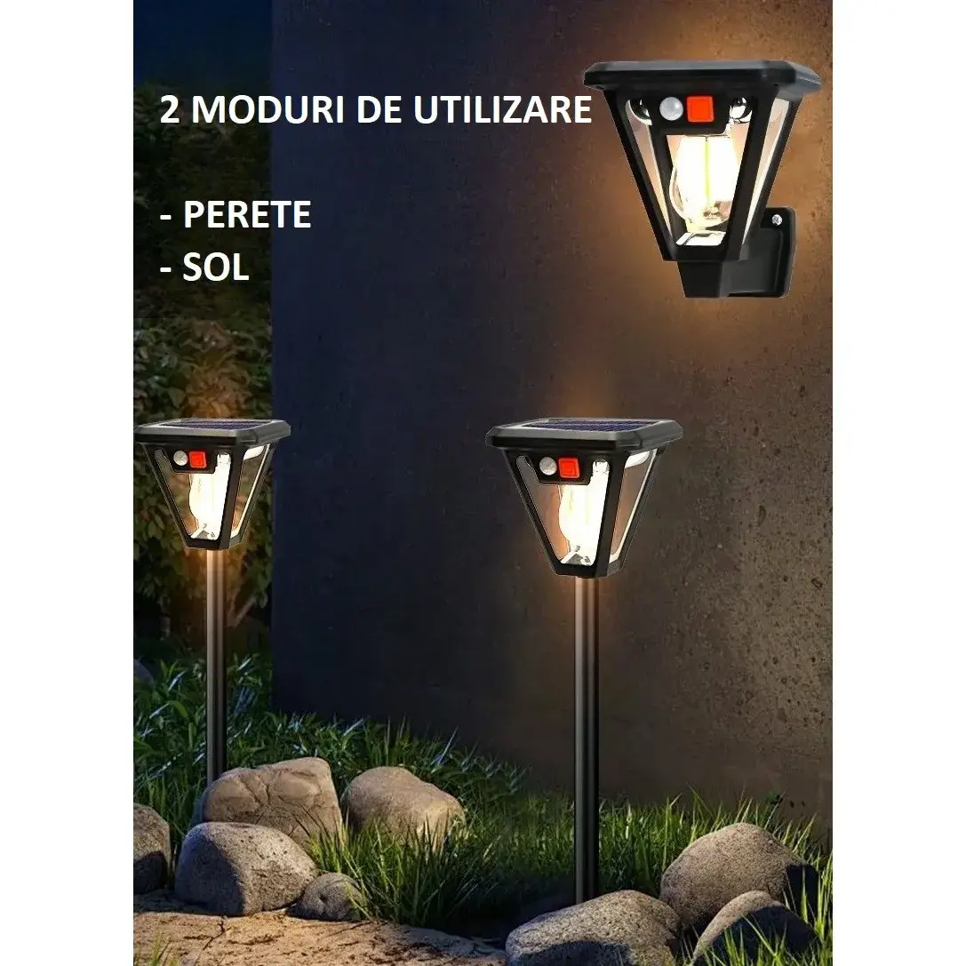Lampa Solara LED, Tip Felinar, pentru Perete/Sol, 10.8 x 12.3 x 46 cm, 3 Moduri, Lumina Calda, din ABS si PP, Negru (6)