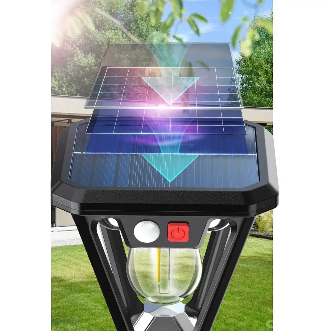 Lampa Solara LED, Tip Felinar, pentru Perete/Sol, 10.8 x 12.3 x 46 cm, 3 Moduri, Lumina Calda, din ABS si PP, Negru (7)