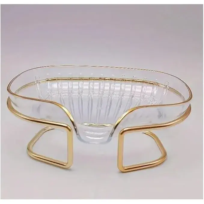 Savonieră cu Suport, Sistem de Scurgere a Apei, Design Elegant cu Margine Aurie, Suport Metalic Inclus, 14 x 8.5 x 9 cm, Transparent/Auriu (3)