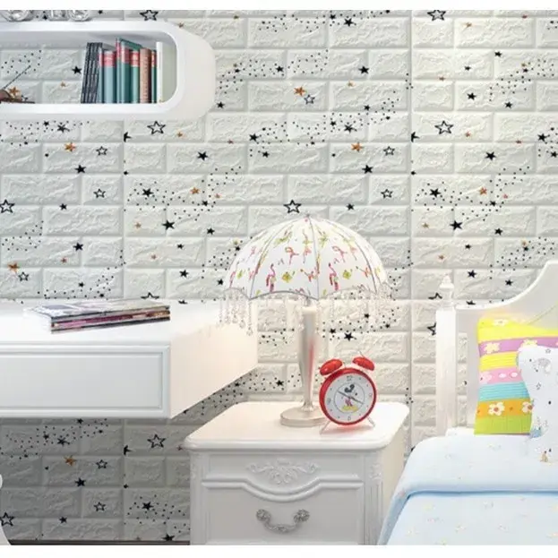 Set 10 Placi de Tapet, Autoadezive, 70 x 77 cm, Suprafata Acoperita 5.3 mp, din PVC, Model Stelute Albastre, Alb (2)