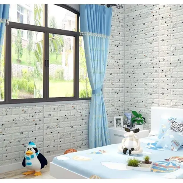 Set 10 Placi de Tapet, Autoadezive, 70 x 77 cm, Suprafata Acoperita 5.3 mp, din PVC, Model Stelute Albastre, Alb (3)