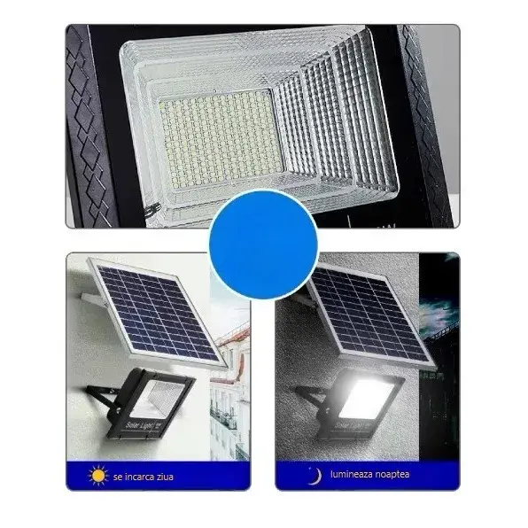 Proiector LED/Lampa solara de exterior, 22 cm x 27 cm, Rezistent la Apa IP67, cu Panou Solar, 248 LED SMD, 150 W, Senzor de lumina, Timer, cu Telecomanda, 2 moduri de iluminat, kit montaj inclus, Lumina Rece (2)