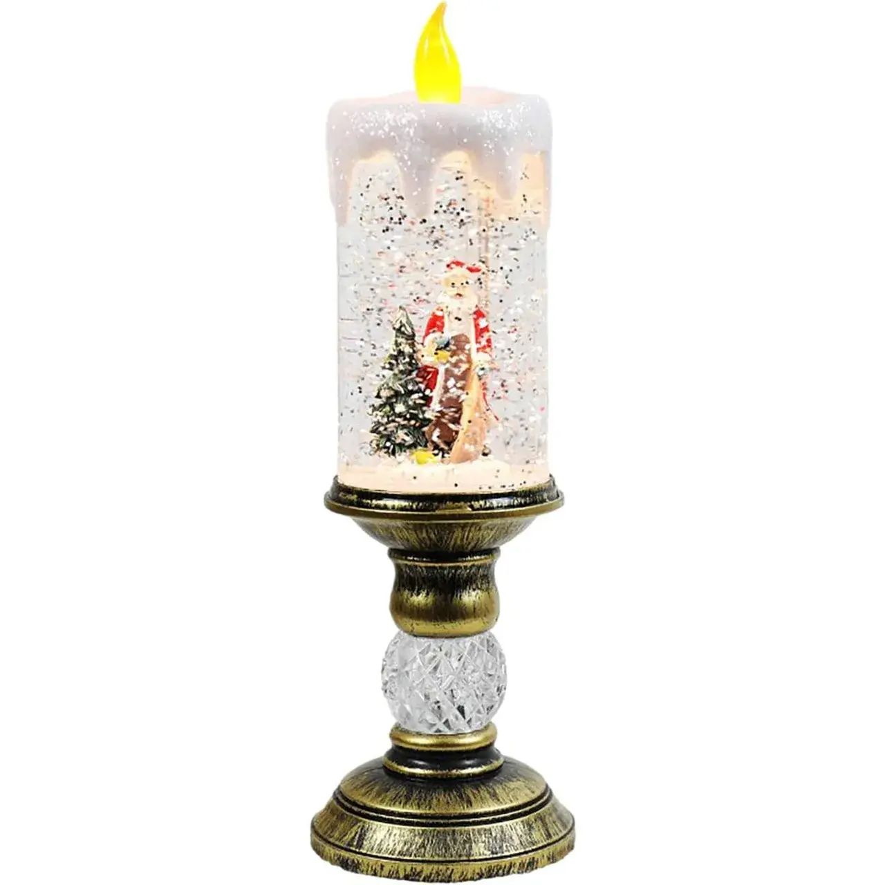 Decoratiune Luminoasa, Lampa de Craciun, cu Lumina LED, Ornament Model Sfesnic cu Lumanare Mos Craciun si Bradul, 26x8.5x8.5 cm, Auriu