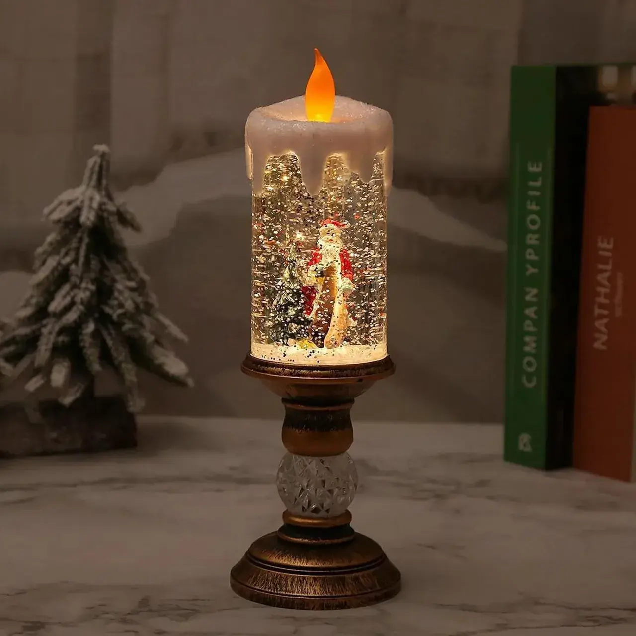 Decoratiune Luminoasa, Lampa de Craciun, cu Lumina LED, Ornament Model Sfesnic cu Lumanare Mos Craciun si Bradul, 26x8.5x8.5 cm, Auriu (2)