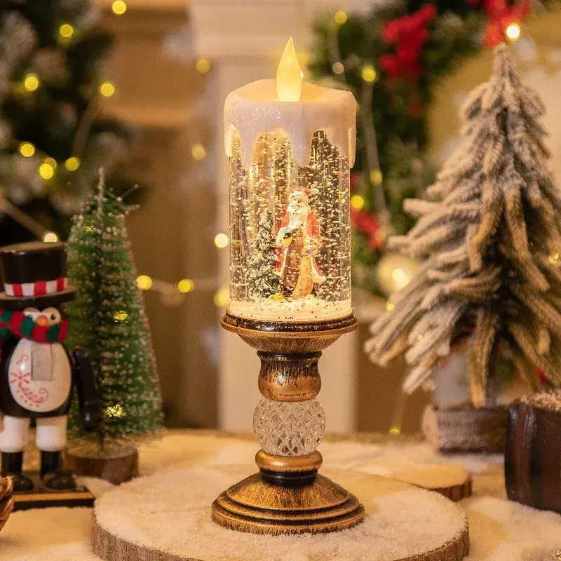 Decoratiune Luminoasa, Lampa de Craciun, cu Lumina LED, Ornament Model Sfesnic cu Lumanare Mos Craciun si Bradul, 26x8.5x8.5 cm, Auriu (3)