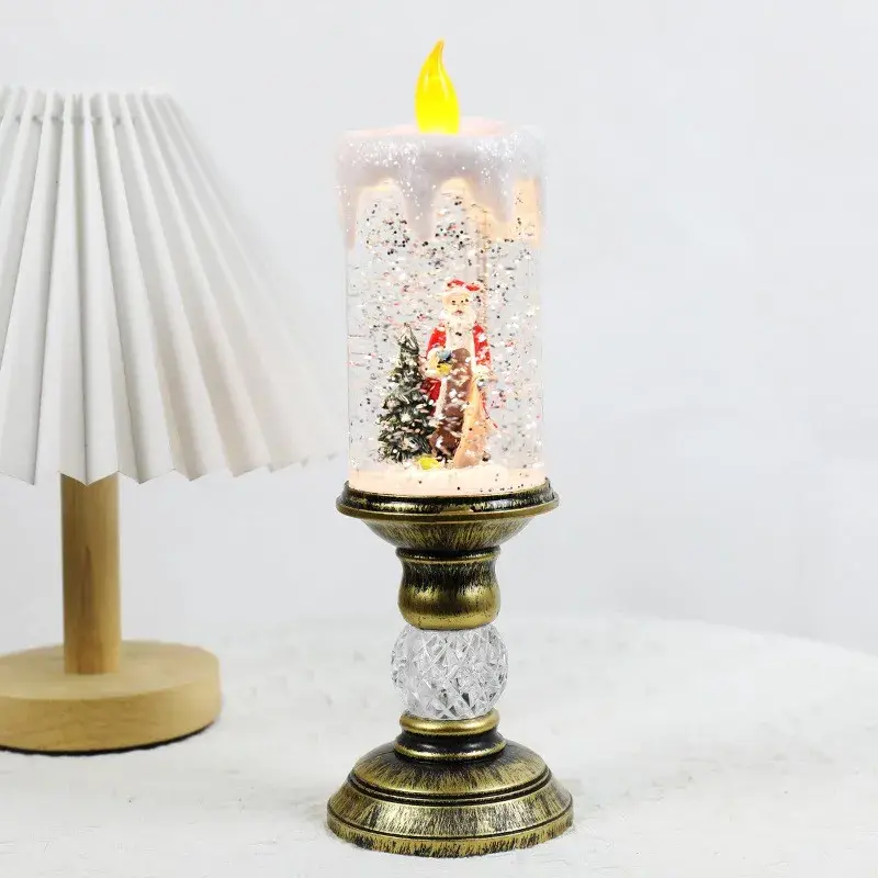Decoratiune Luminoasa, Lampa de Craciun, cu Lumina LED, Ornament Model Sfesnic cu Lumanare Mos Craciun si Bradul, 26x8.5x8.5 cm, Auriu (4)