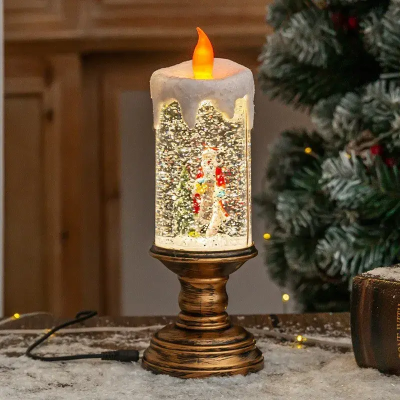 Decoratiune Luminoasa, Lampa de Craciun, cu Lumina LED, Ornament Model Sfesnic cu Lumanare Mos Craciun si Bradul, 26x8.5x8.5 cm, Auriu (5)