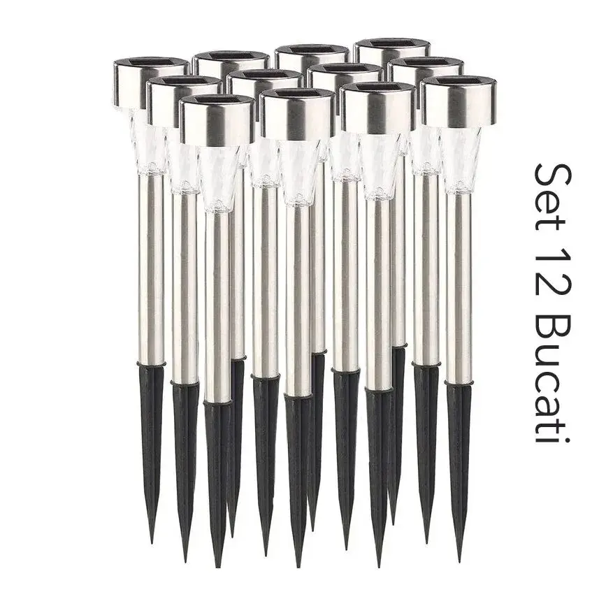 Lampa solara LED de Gradina, Set 12 Bucati, Dispersor normal, putere 0.06W, Rezistenta IP 44, Lumina Alba Rece, 29 x 4.5 x 4.5 cm, Argintiu (3)