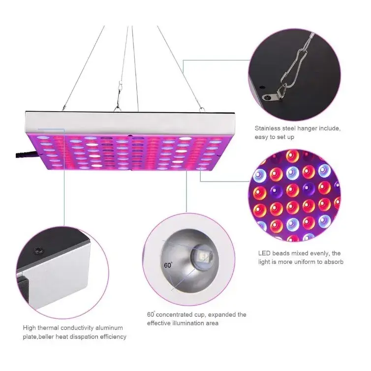 Lampa LED 45W, pentru cresterea plantelor in interior, 225 de leduri, 165 leduri rosii, 60 albastre, 30 x 30 cm, multicolor (8)
