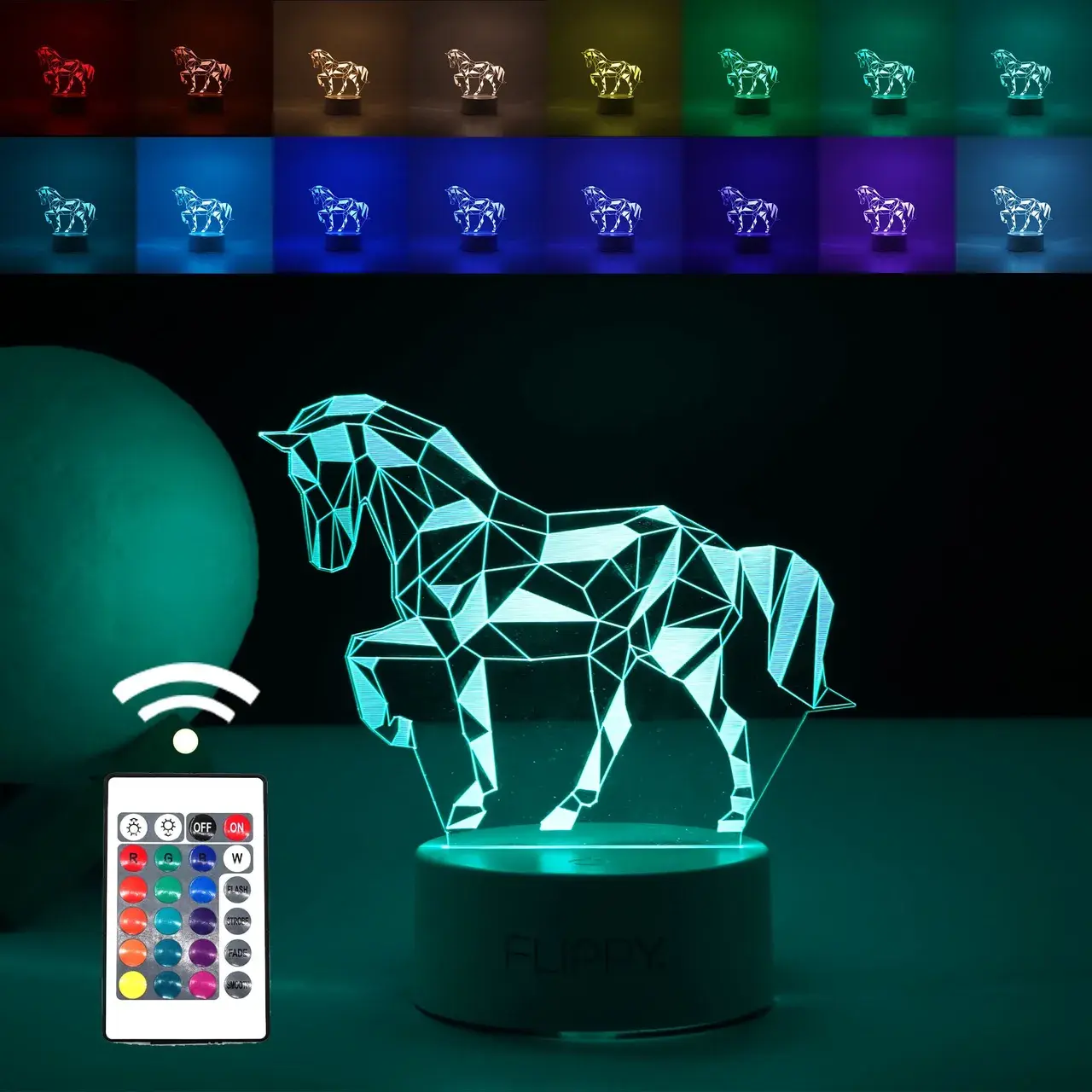 Lampa LED decorativa, 3D, Cal, cu telecomanda, doua moduri de alimentare USB si baterii, 20 cm inaltime, din material acril si lumina multicolora, alb