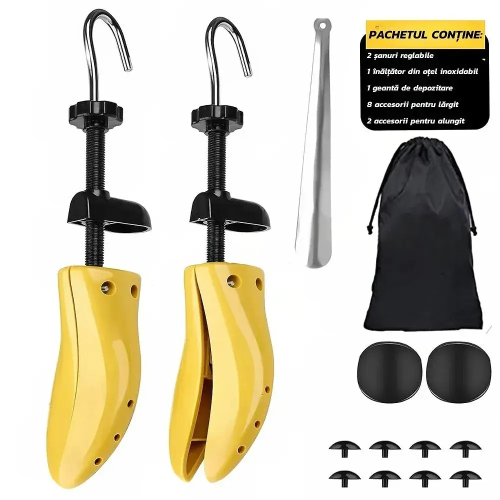 Set 2 Sanuri/Calapoade Reglabilile, pentru Alungit si Largit Pantofi, Geanta si Incaltator Incluse, Universale, Unisex, din ABS Premium, Arc, Marime 40 - 47, Galben/Negru (2)