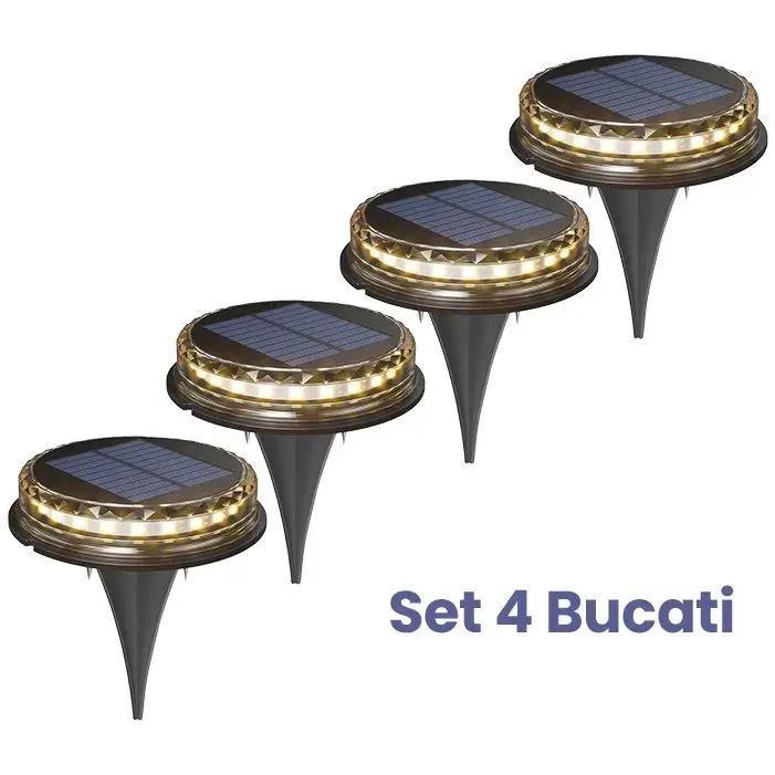 Lampa solara LED Set 4 Bucati, Tip Spot pentru Gradina, 8 LED-uri, ABS si Policarbonat, Baterie 1.2V, 600mah, 12 x 13.5 cm, Lumina Alba Cald, Negru/Auriu (3)
