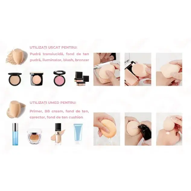 Bureti de Machiaj, Set Premium 7 bucati, Burete pentru Pudra de Machiaj, Forma Ovala, Poliuretan Hidrofil, Mov (7)