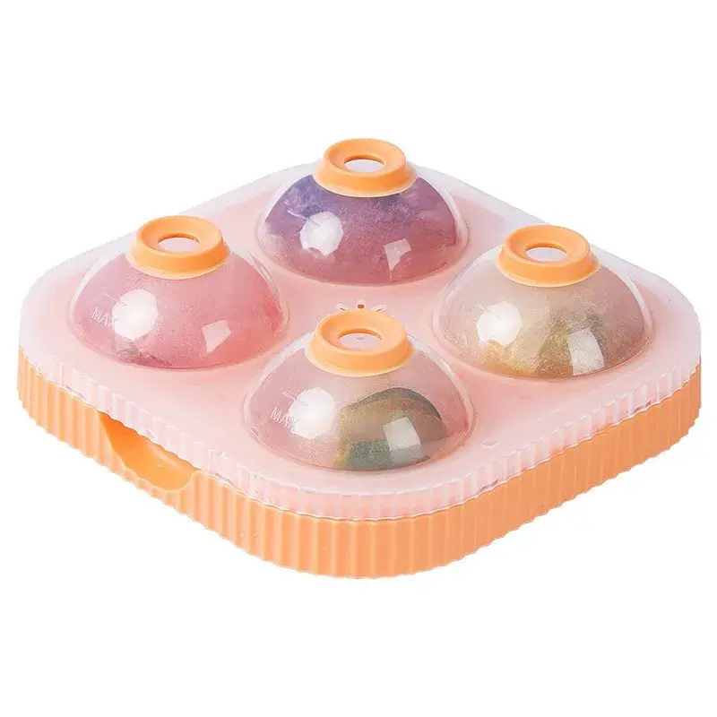 Forma Sfere de Gheata pentru Wiskey si Cocktail-uri, 4 Sfere, Material Plastic/Silicon Alimentar, Diametru 6.5 cm, cu Orificiu Tip Palnie pentru Umplere, 17 x 17 x 7 cm, Portocaliu