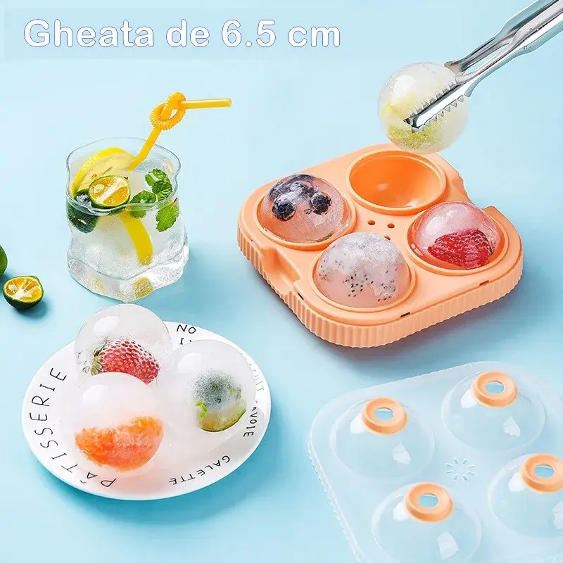 Forma Sfere de Gheata pentru Wiskey si Cocktail-uri, 4 Sfere, Material Plastic/Silicon Alimentar, Diametru 6.5 cm, cu Orificiu Tip Palnie pentru Umplere, 17 x 17 x 7 cm, Portocaliu (4)