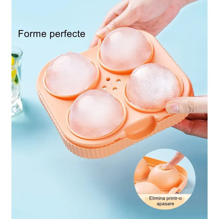 Forma Sfere de Gheata pentru Wiskey si Cocktail-uri, 4 Sfere, Material Plastic/Silicon Alimentar, Diametru 6.5 cm, cu Orificiu Tip Palnie pentru Umplere, 17 x 17 x 7 cm, Portocaliu (5)