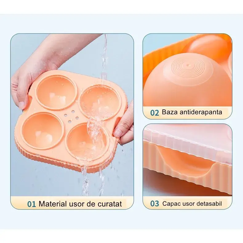 Forma Sfere de Gheata pentru Wiskey si Cocktail-uri, 4 Sfere, Material Plastic/Silicon Alimentar, Diametru 6.5 cm, cu Orificiu Tip Palnie pentru Umplere, 17 x 17 x 7 cm, Portocaliu (6)