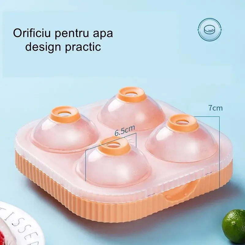 Forma Sfere de Gheata pentru Wiskey si Cocktail-uri, 4 Sfere, Material Plastic/Silicon Alimentar, Diametru 6.5 cm, cu Orificiu Tip Palnie pentru Umplere, 17 x 17 x 7 cm, Portocaliu (8)