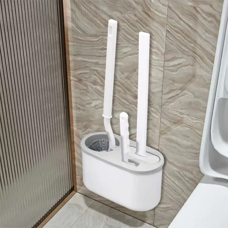 Set 3 Perii pentru Toaleta, din Silicon, Perie Zimtata, Cap Flexibil, Suport Adeziv pentru Montarea pe Perete, 39 x 19 x 9.8 cm, Gri/Alb (4)