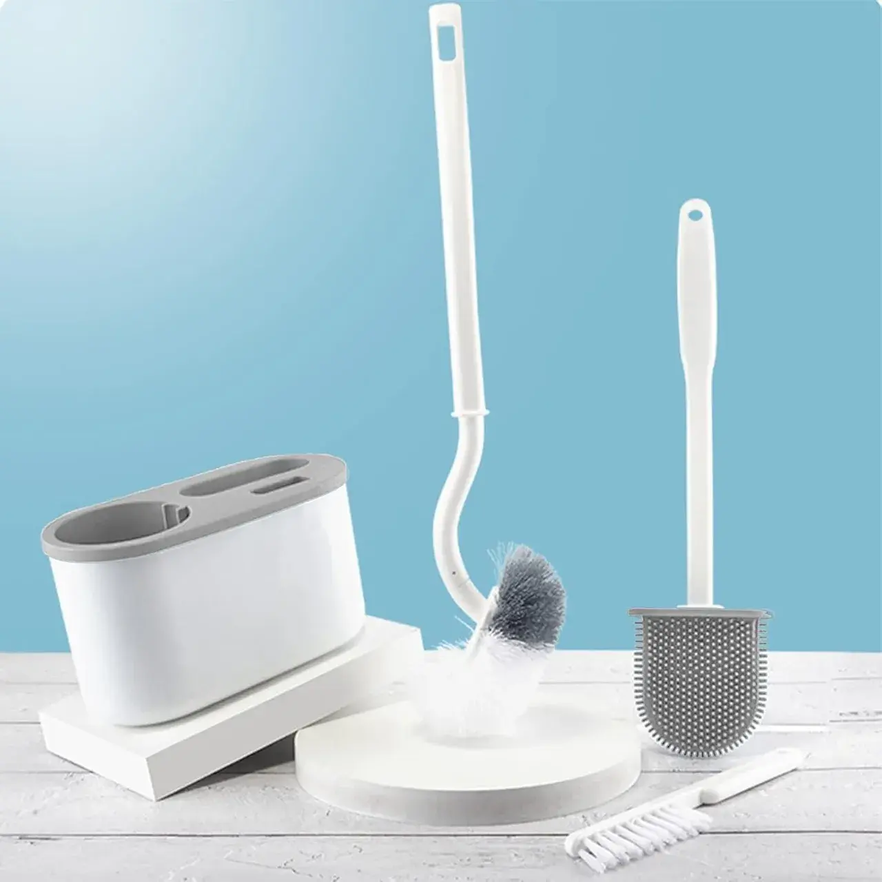 Set 3 Perii pentru Toaleta, din Silicon, Perie Zimtata, Cap Flexibil, Suport Adeziv pentru Montarea pe Perete, 39 x 19 x 9.8 cm, Gri/Alb (8)