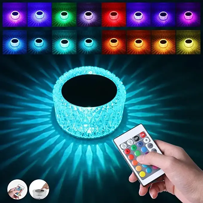 Lampa LED RGB 16, 3 Nivele de Intensitate, Incarcare USB, 3W, Cristal Acrilic, 6x12 cm, Telecomanda, Transparent (6)