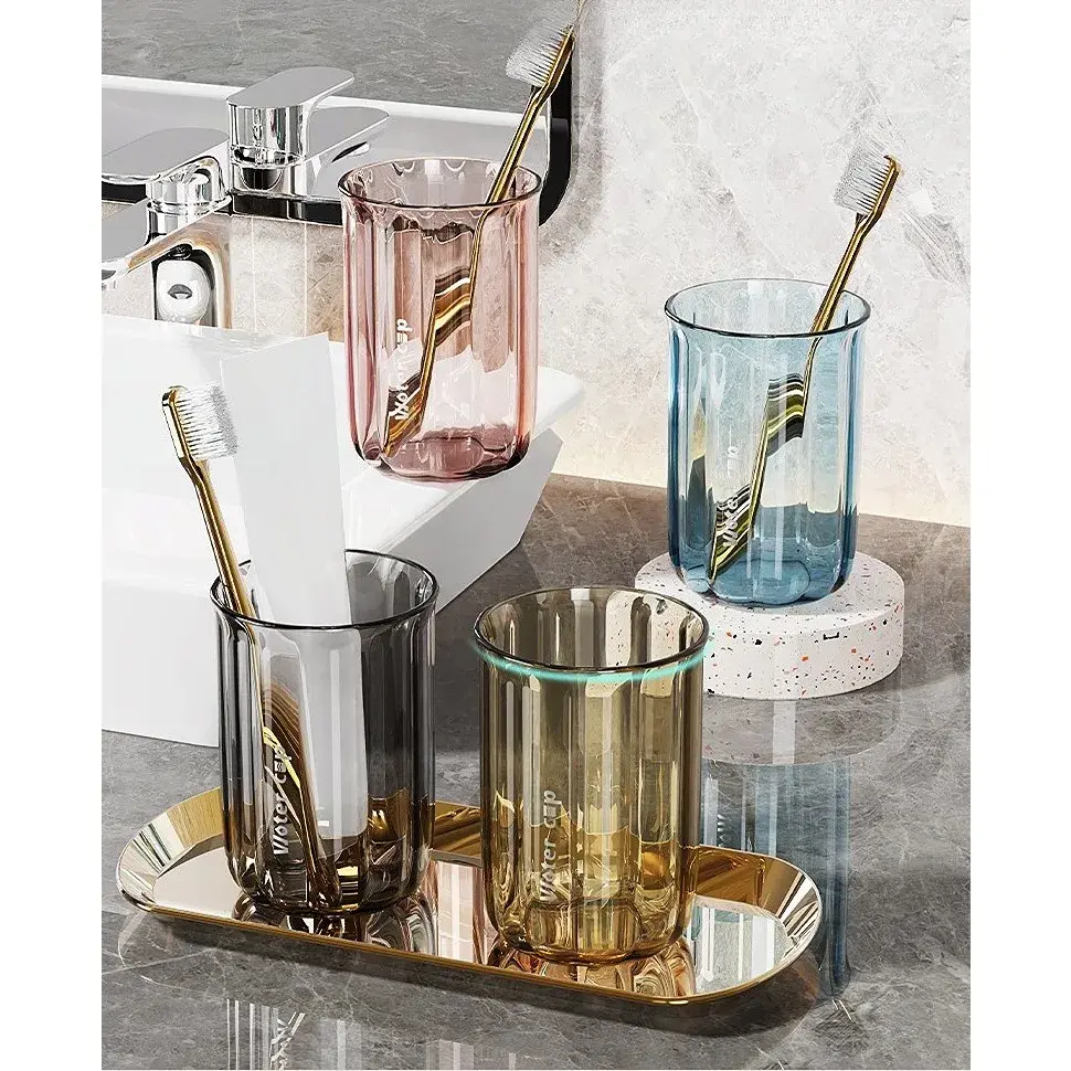 Suport Multifunctional 2 in 1, Pahar si Suport pentru Periuta de Dinti, Plastic, Dimensiune: 10.4 x 7.3 x 7.3 cm, Maro Galbui (4)