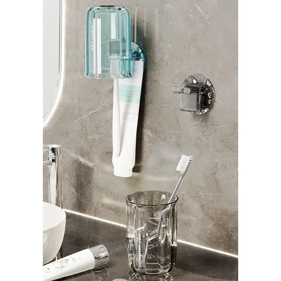 Suport Multifunctional 2 in 1, Pahar si Suport pentru Periuta de Dinti, Plastic, Dimensiune: 10.4 x 7.3 x 7.3 cm, Maro Galbui (5)