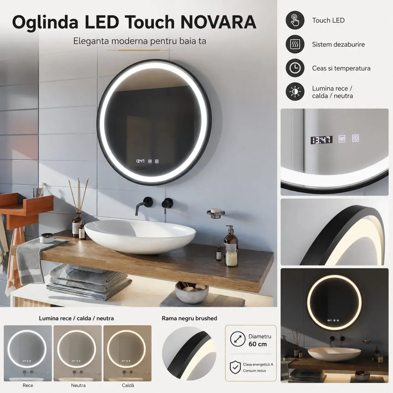 Oglinda LED Touch NOVARA Sistem Dezaburire, Ceas si Temperatura 60 cm Rama Negru Brushed (2)