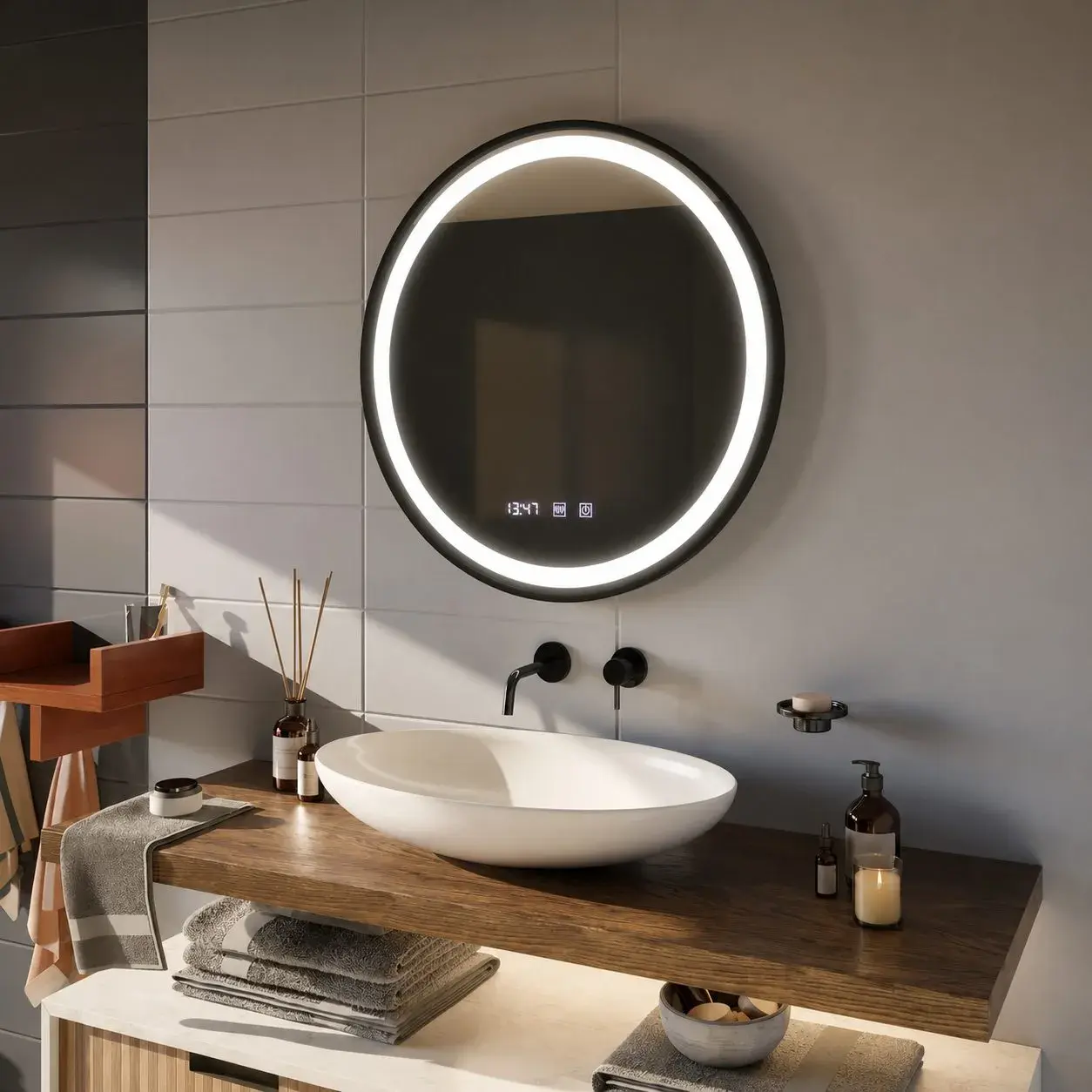 Oglinda LED Touch NOVARA Sistem Dezaburire, Ceas si Temperatura 60 cm Rama Negru Brushed (4)