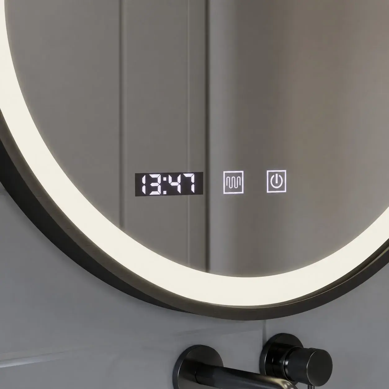 Oglinda LED Touch NOVARA Sistem Dezaburire, Ceas si Temperatura 60 cm Rama Negru Brushed (5)