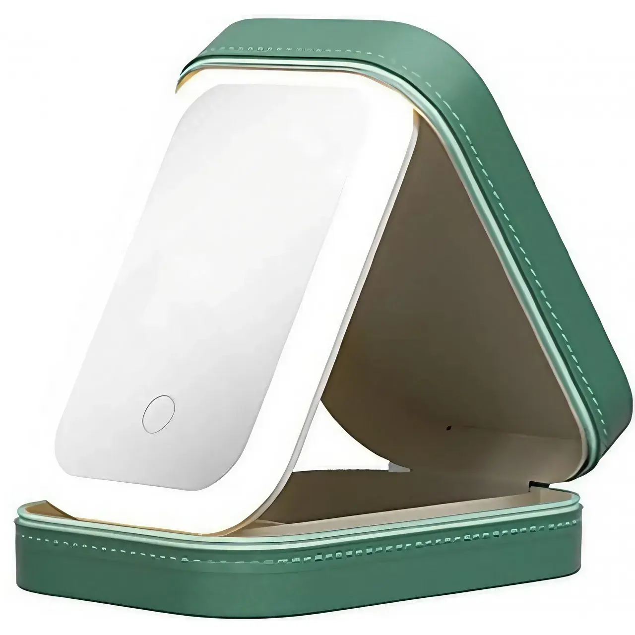 Portfard, Geanta Cosmetice, cu Oglinda LED, 3 Moduri de Lumina, Incarcare USB, Baterie 1200 mAh, pentru Organizarea Cosmeticelor, 4 Compartimente, Imitatie Piele, Verde, 16.5x11.5x6 cm